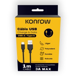 Konrow kcatcnb1-câble usb type c verstype a (1m, 3a, nylon tressé nr)