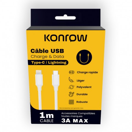 Konrow kcctlnpdw1-câble usb lightning vers type c(1m,3a,nylon tressé)