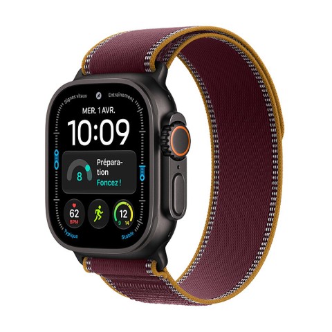 Apple watch ultra 4 gps + cellular 49 mm titane noir boucle trail bordeaux m/l